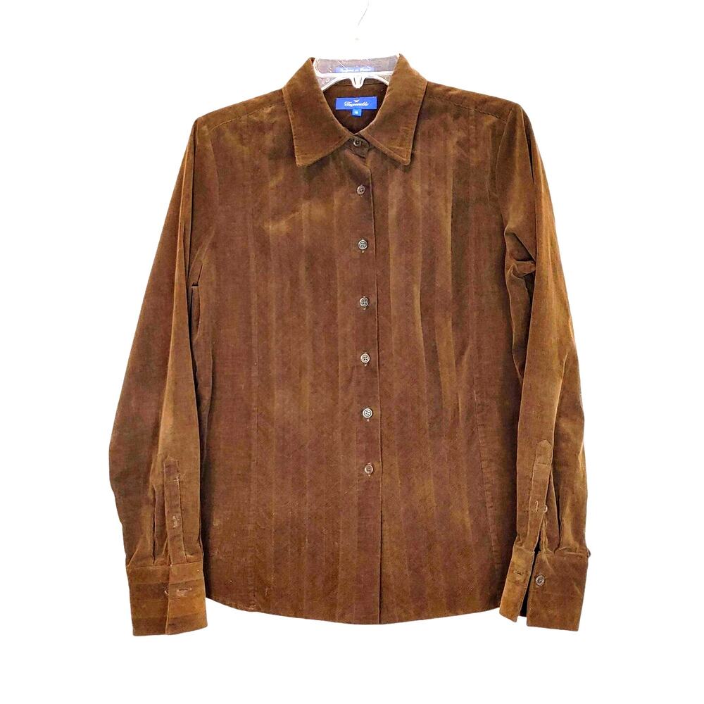 Faconnable Corduroy Button Up Shirt Long Sleeve Brown Cotton Rayon Mens Medium